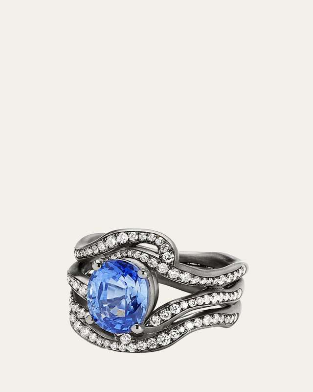 18K White Gold Oak Ring with Pave Diamonds and Sapphire
